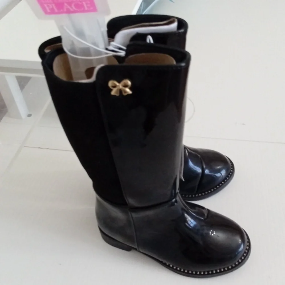 NWT The Children’s Place Toddler Girls Black Rain Boots Gold Bow Size 7